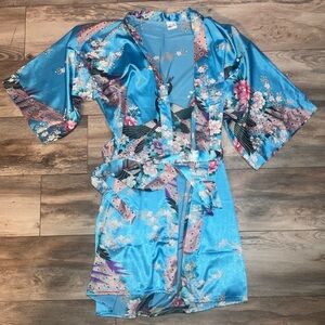 Blue Peacock & Floral Design Kimono Robe with Waist Tie 100% Silk